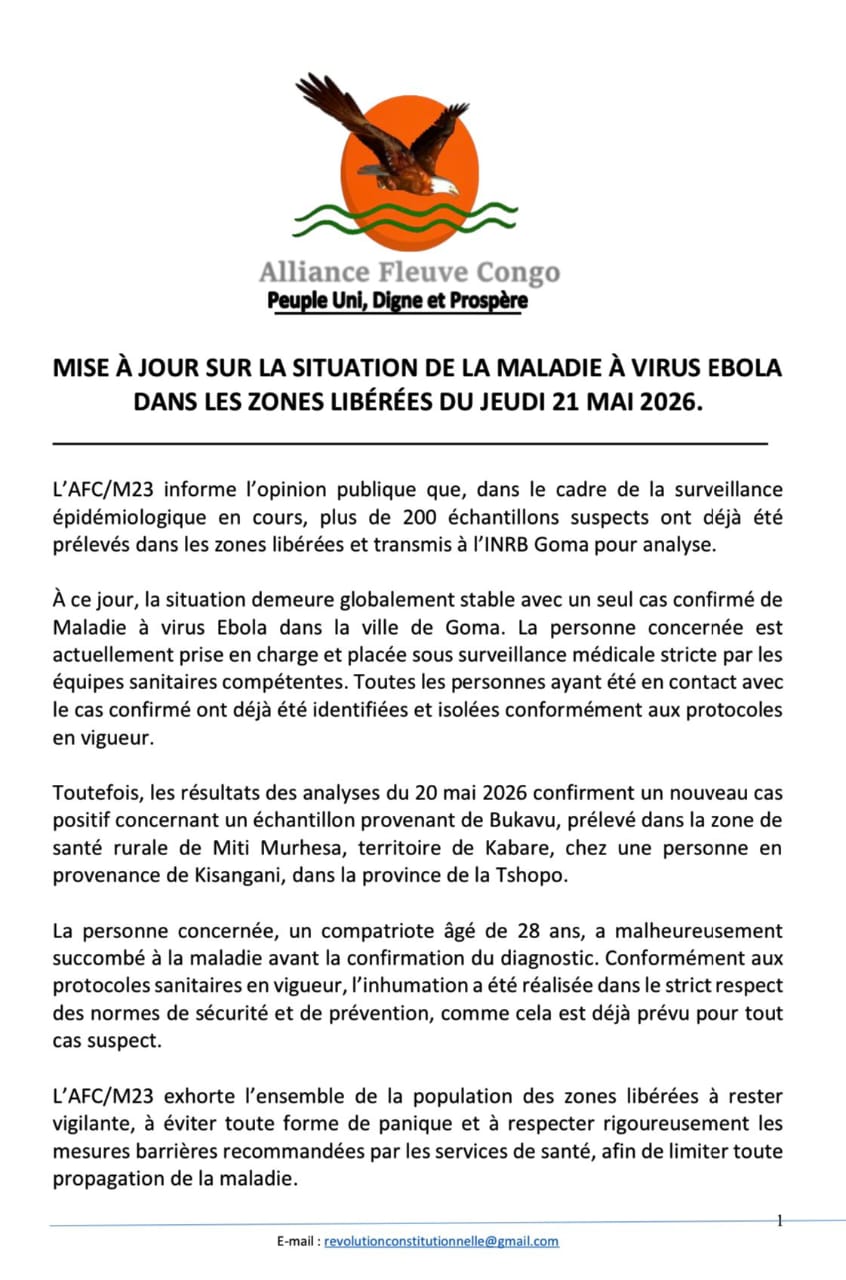 COMMUNIQUE AFC/M23 SUR SITUATION SANITAIRE DANS SES ZONES ADMINISTRATIVES