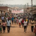 Une foule de manifestants marche sur une rue en terre battue, tenant une banderole avec le texte « Kamituga sans motos – Stop abus DPMER ! Non aux taxes illégales ! ».