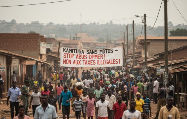 Une foule de manifestants marche sur une rue en terre battue, tenant une banderole avec le texte « Kamituga sans motos – Stop abus DPMER ! Non aux taxes illégales ! ».