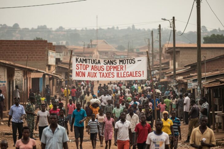 Une foule de manifestants marche sur une rue en terre battue, tenant une banderole avec le texte « Kamituga sans motos – Stop abus DPMER ! Non aux taxes illégales ! ».