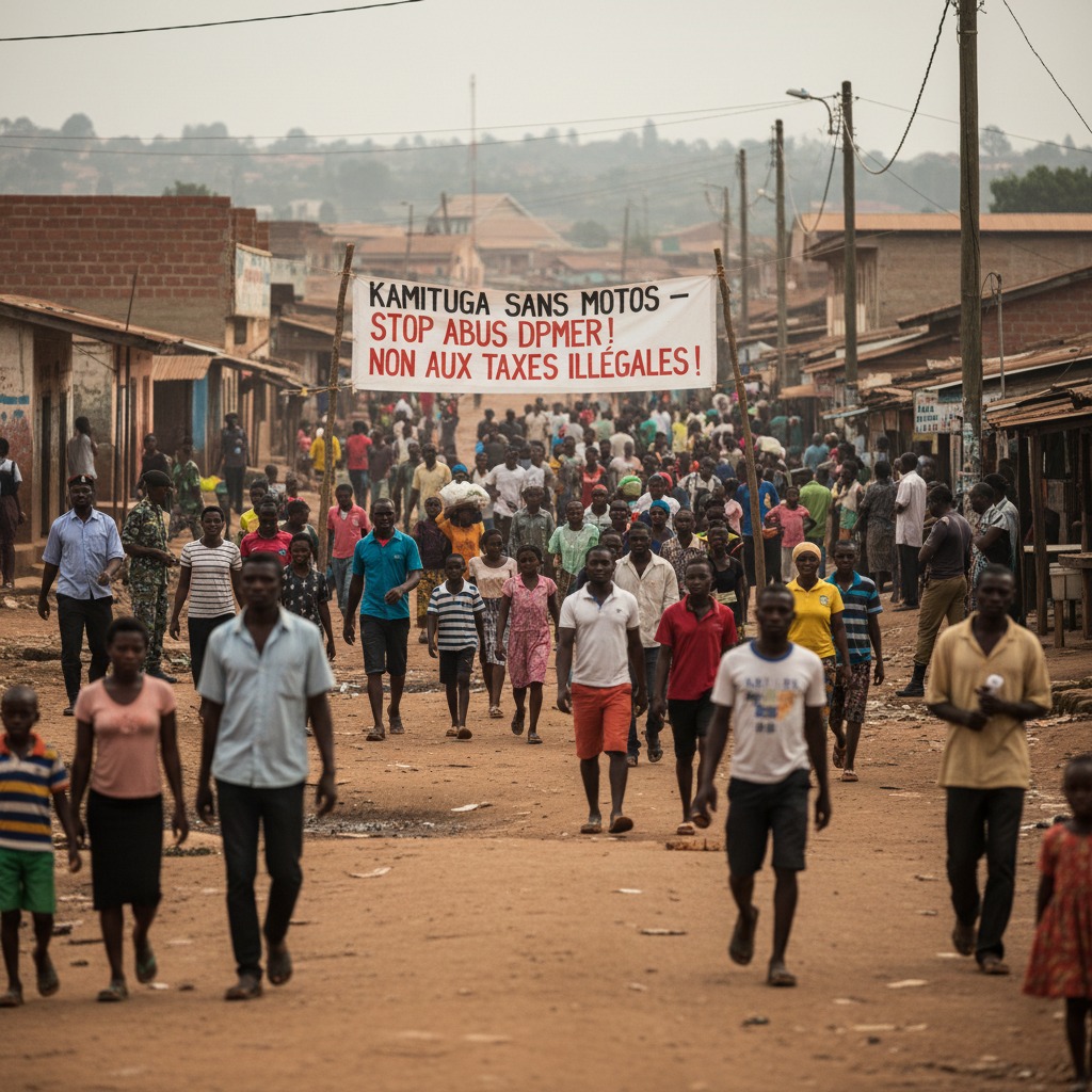 Une foule de manifestants marche sur une rue en terre battue, tenant une banderole avec le texte « Kamituga sans motos – Stop abus DPMER ! Non aux taxes illégales ! ».