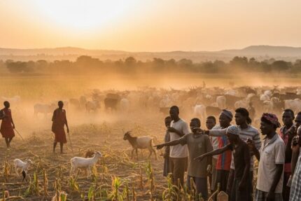 Un groupe d'hommes se tient dans un champ dévasté par des troupeaux de bétail en arrière-plan, avec un panneau en bois au premier plan portant une inscription sur les dégâts agricoles.