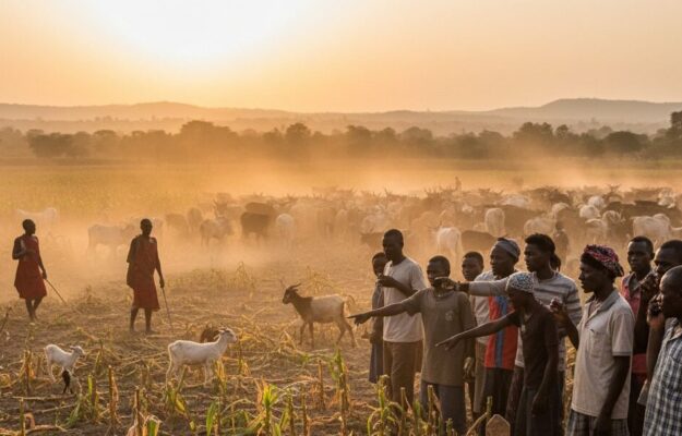 Un groupe d'hommes se tient dans un champ dévasté par des troupeaux de bétail en arrière-plan, avec un panneau en bois au premier plan portant une inscription sur les dégâts agricoles.