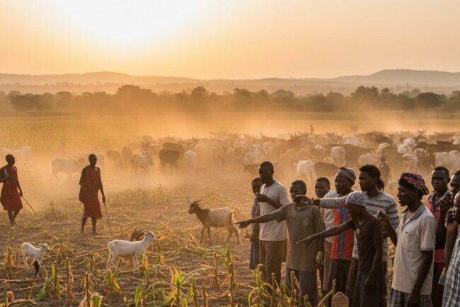 Un groupe d'hommes se tient dans un champ dévasté par des troupeaux de bétail en arrière-plan, avec un panneau en bois au premier plan portant une inscription sur les dégâts agricoles.