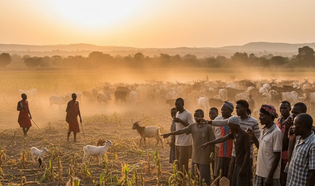Un groupe d'hommes se tient dans un champ dévasté par des troupeaux de bétail en arrière-plan, avec un panneau en bois au premier plan portant une inscription sur les dégâts agricoles.