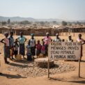 Un groupe de femmes et d'enfants se tient près d'un point d'eau surmonté d'un panneau indiquant l'accès à l'eau potable à Mbinga Nord.