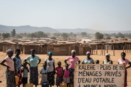 Un groupe de femmes et d'enfants se tient près d'un point d'eau surmonté d'un panneau indiquant l'accès à l'eau potable à Mbinga Nord.