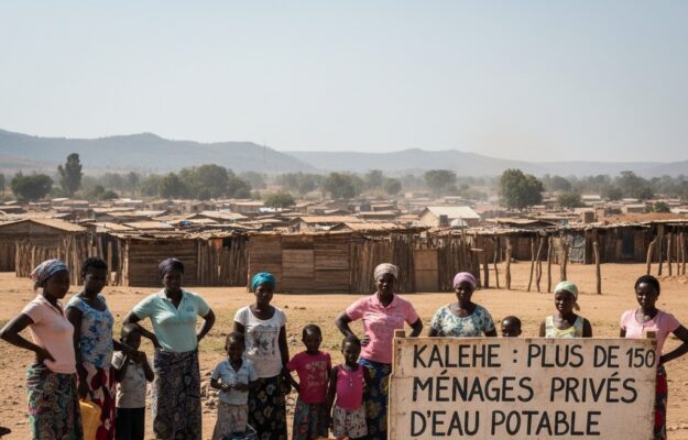 Un groupe de femmes et d'enfants se tient près d'un point d'eau surmonté d'un panneau indiquant l'accès à l'eau potable à Mbinga Nord.