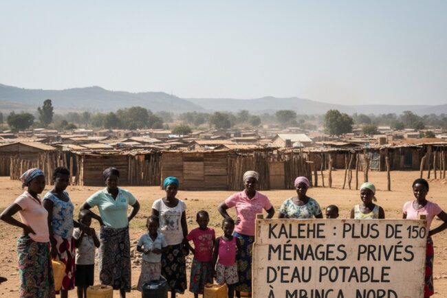 Un groupe de femmes et d'enfants se tient près d'un point d'eau surmonté d'un panneau indiquant l'accès à l'eau potable à Mbinga Nord.