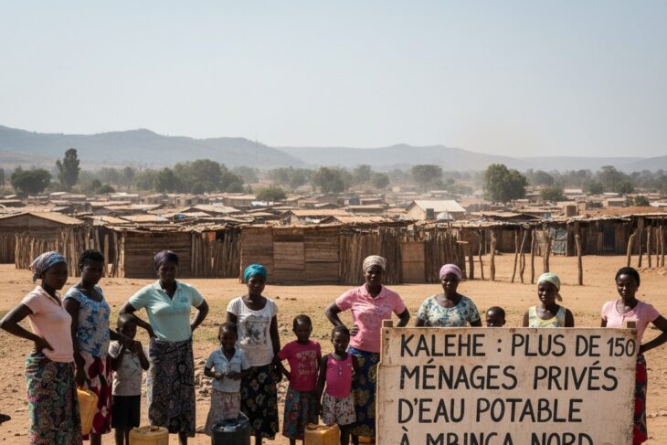 Un groupe de femmes et d'enfants se tient près d'un point d'eau surmonté d'un panneau indiquant l'accès à l'eau potable à Mbinga Nord.