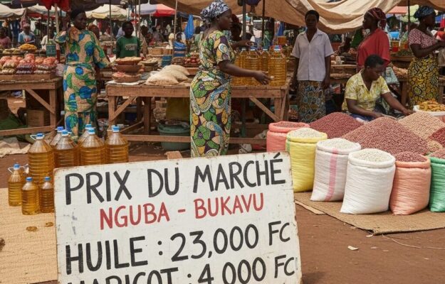 Des marchandes et des sacs de grains colorés sous des parasols dans un marché en plein air, avec un panneau au premier plan indiquant les prix de l'huile et des haricots à Bukavu.