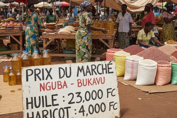 Des marchandes et des sacs de grains colorés sous des parasols dans un marché en plein air, avec un panneau au premier plan indiquant les prix de l'huile et des haricots à Bukavu.
