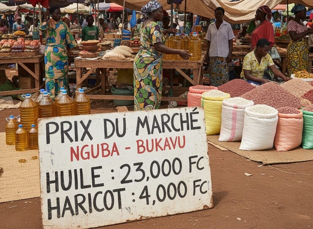Des marchandes et des sacs de grains colorés sous des parasols dans un marché en plein air, avec un panneau au premier plan indiquant les prix de l'huile et des haricots à Bukavu.
