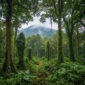 Une vue encadrée par des arbres tropicaux mène à une montagne embrumée au loin.