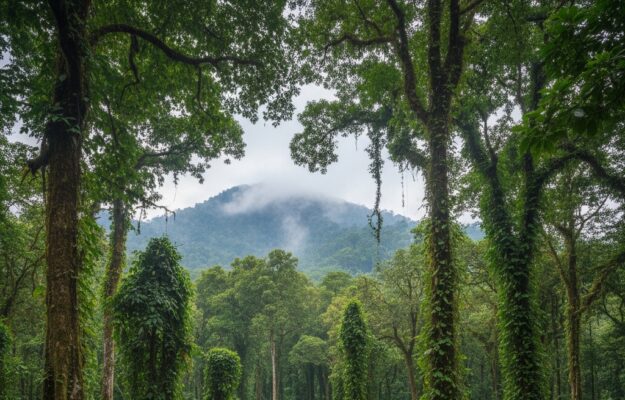 Une vue encadrée par des arbres tropicaux mène à une montagne embrumée au loin.