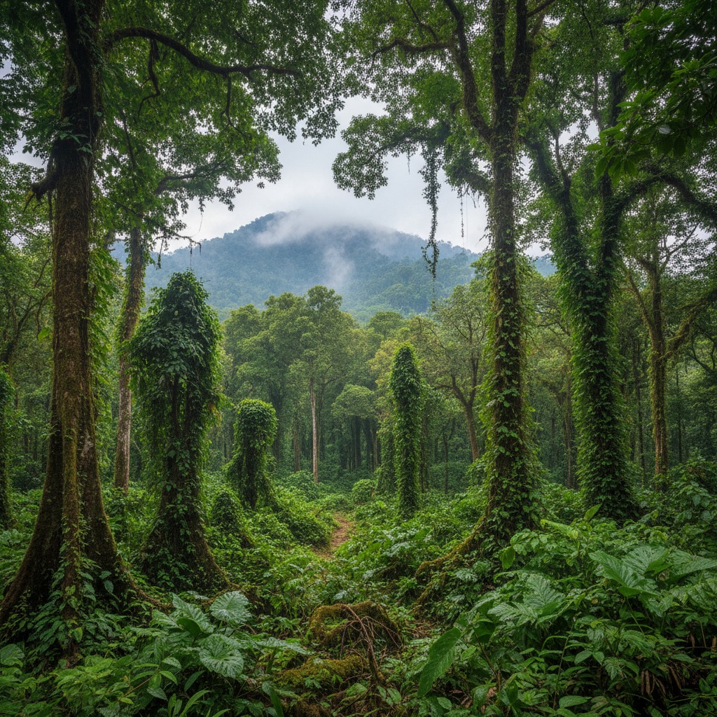 Une vue encadrée par des arbres tropicaux mène à une montagne embrumée au loin.