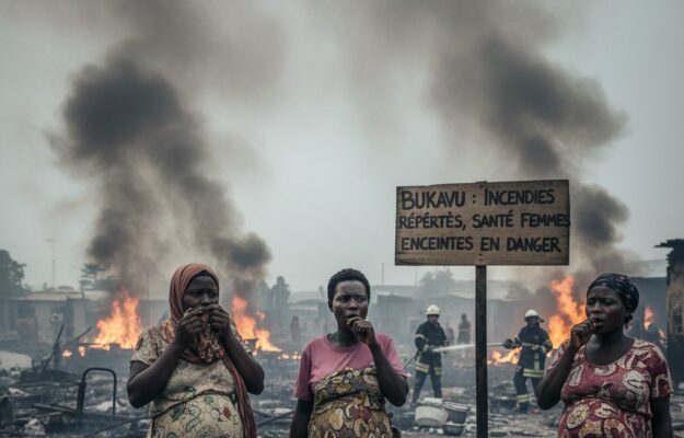 Trois femmes enceintes se tiennent debout au premier plan, couvrant leur bouche et leur nez, devant des ruines fumantes et un panneau en bois portant l'inscription « BUKAVU : INCENDIES RÉPÉRTÉS, SANTÉ FEMMES ENCEINTES EN DANGER », tandis que des pompiers luttent contre les flammes en arrière-plan.