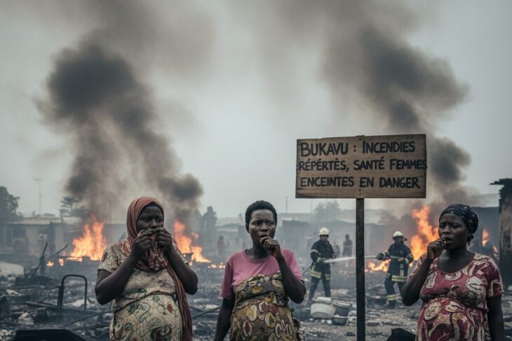 Trois femmes enceintes se tiennent debout au premier plan, couvrant leur bouche et leur nez, devant des ruines fumantes et un panneau en bois portant l'inscription « BUKAVU : INCENDIES RÉPÉRTÉS, SANTÉ FEMMES ENCEINTES EN DANGER », tandis que des pompiers luttent contre les flammes en arrière-plan.
