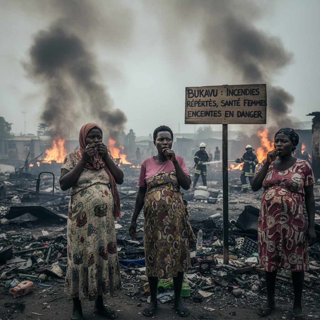 Trois femmes enceintes se tiennent debout au premier plan, couvrant leur bouche et leur nez, devant des ruines fumantes et un panneau en bois portant l'inscription « BUKAVU : INCENDIES RÉPÉRTÉS, SANTÉ FEMMES ENCEINTES EN DANGER », tandis que des pompiers luttent contre les flammes en arrière-plan.