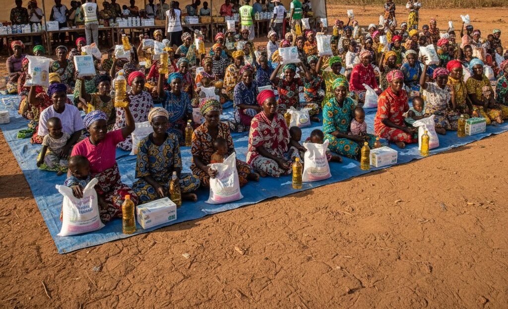 Un grand groupe de femmes assises par terre en extérieur tient des sacs de provisions et des bouteilles d'huile devant une grande tente blanche.