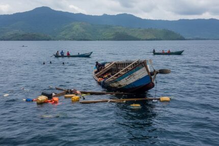 Une épave de bateau en bois flotte à demi-submergée sur le lac Kivu avec des débris à la surface, tandis que de petites pirogues naviguent au loin.