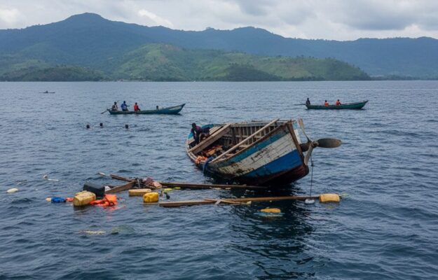 Une épave de bateau en bois flotte à demi-submergée sur le lac Kivu avec des débris à la surface, tandis que de petites pirogues naviguent au loin.