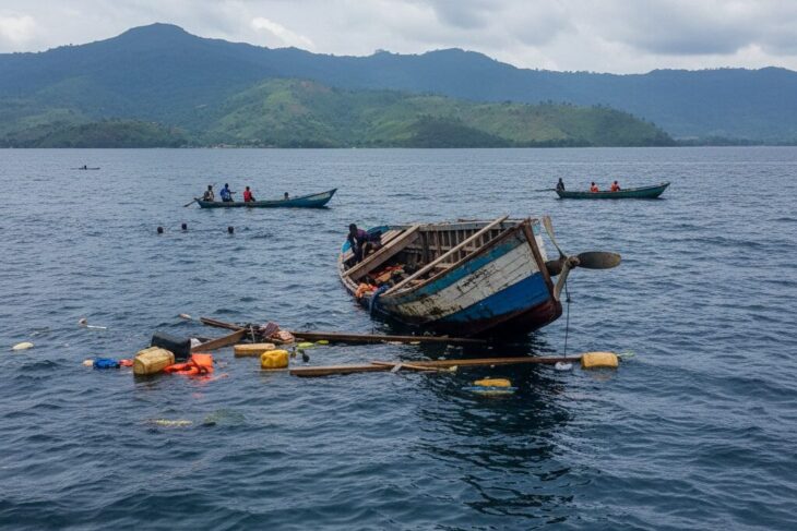 Une épave de bateau en bois flotte à demi-submergée sur le lac Kivu avec des débris à la surface, tandis que de petites pirogues naviguent au loin.