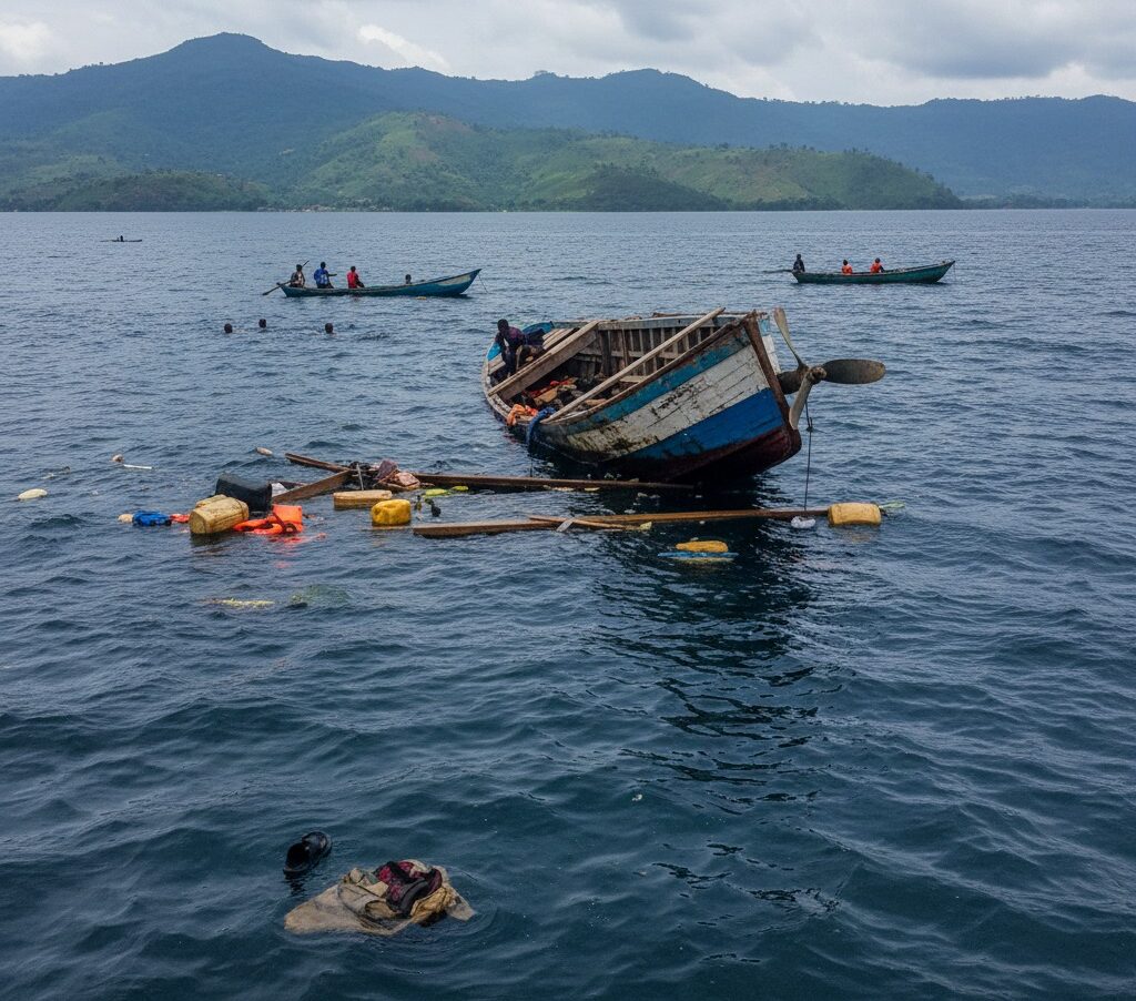 Une épave de bateau en bois flotte à demi-submergée sur le lac Kivu avec des débris à la surface, tandis que de petites pirogues naviguent au loin.
