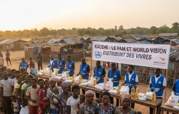 Des personnes font la queue pour recevoir de l'aide alimentaire distribuée par le PAM et World Vision dans un camp.