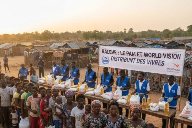Des personnes font la queue pour recevoir de l'aide alimentaire distribuée par le PAM et World Vision dans un camp.