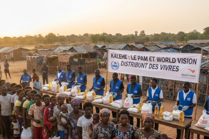 Des personnes font la queue pour recevoir de l'aide alimentaire distribuée par le PAM et World Vision dans un camp.