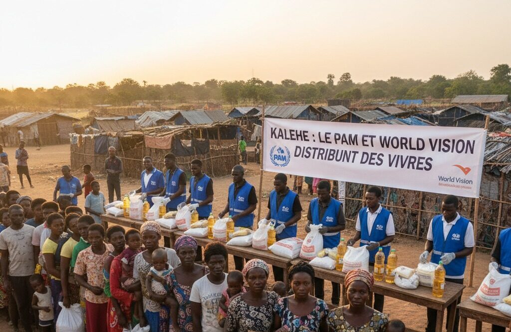 Des personnes font la queue pour recevoir de l'aide alimentaire distribuée par le PAM et World Vision dans un camp.